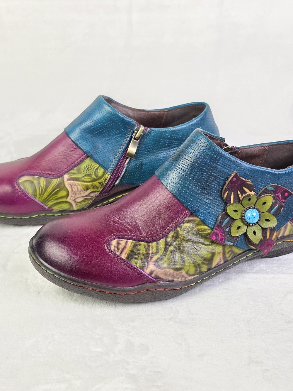 Socofy Shoes Womens 39 Floral Ankle Boots Burgundy Blue Green Zip Comfort Casual - Picture 5 of 12